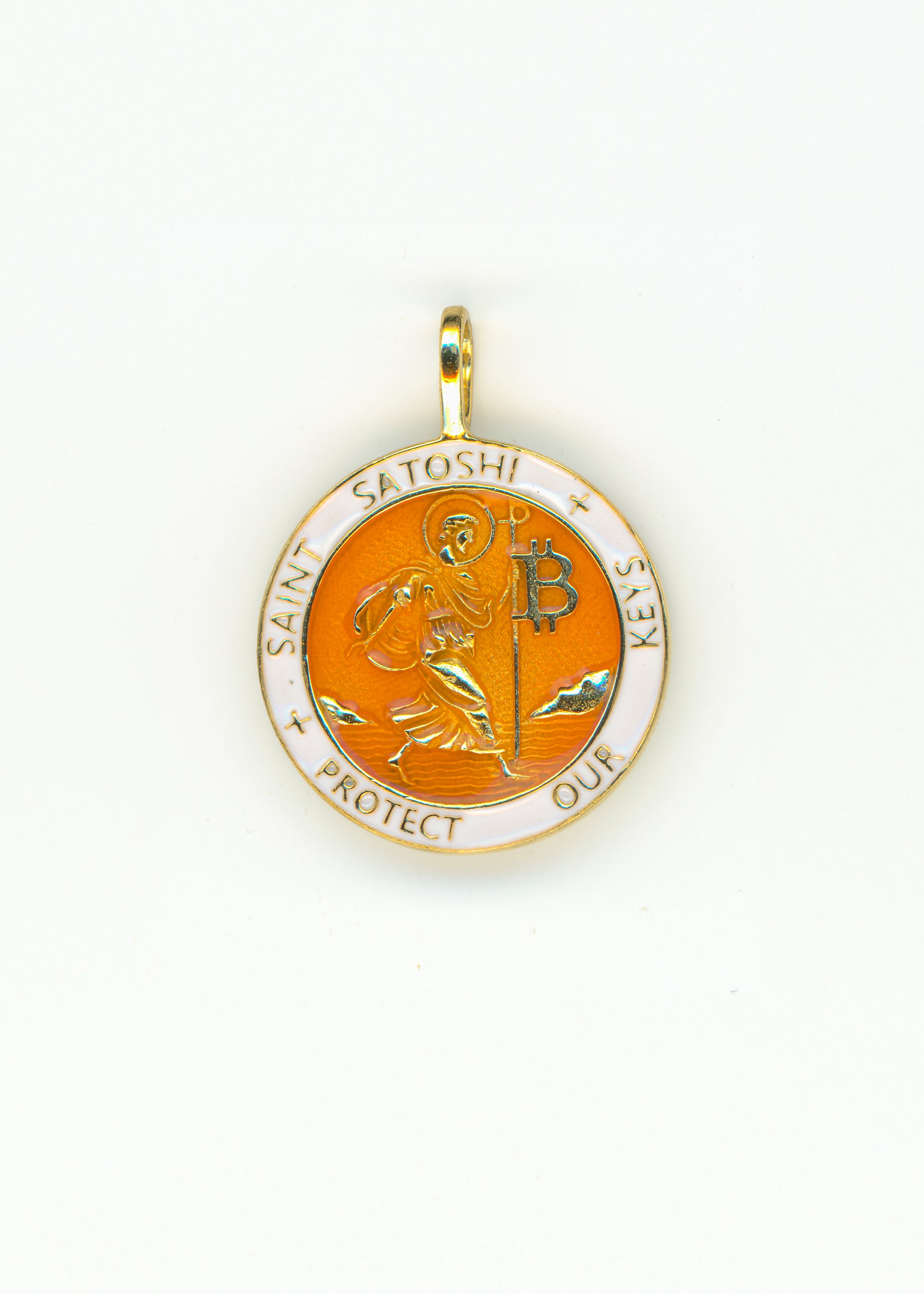 Saint Satoshi Pendant — Genesis Orange