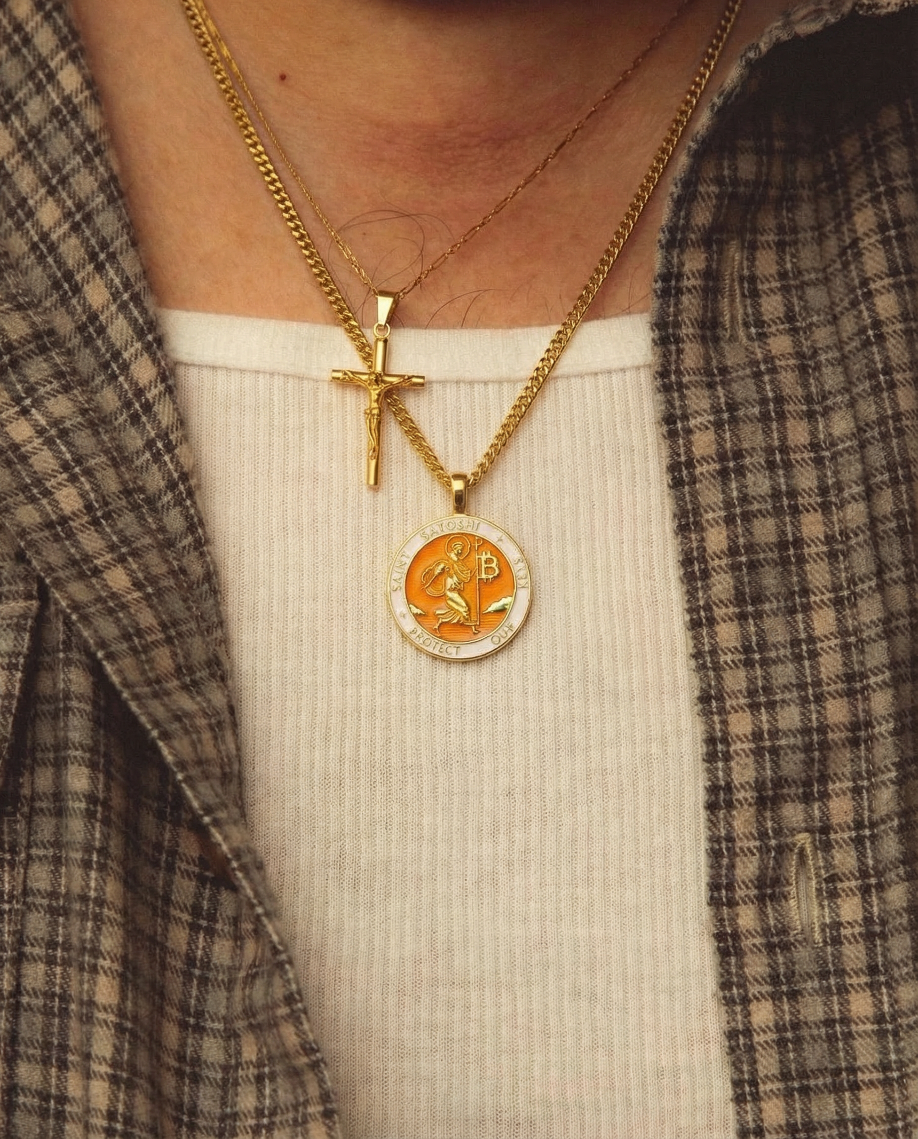 Saint Satoshi Pendant — Genesis Orange