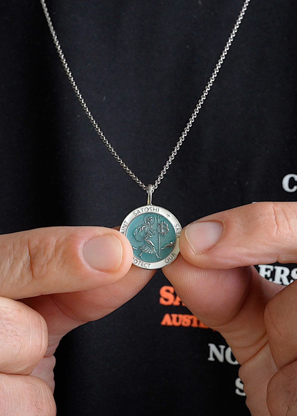 Saint Satoshi Pendant — Tiffany Blue Edition