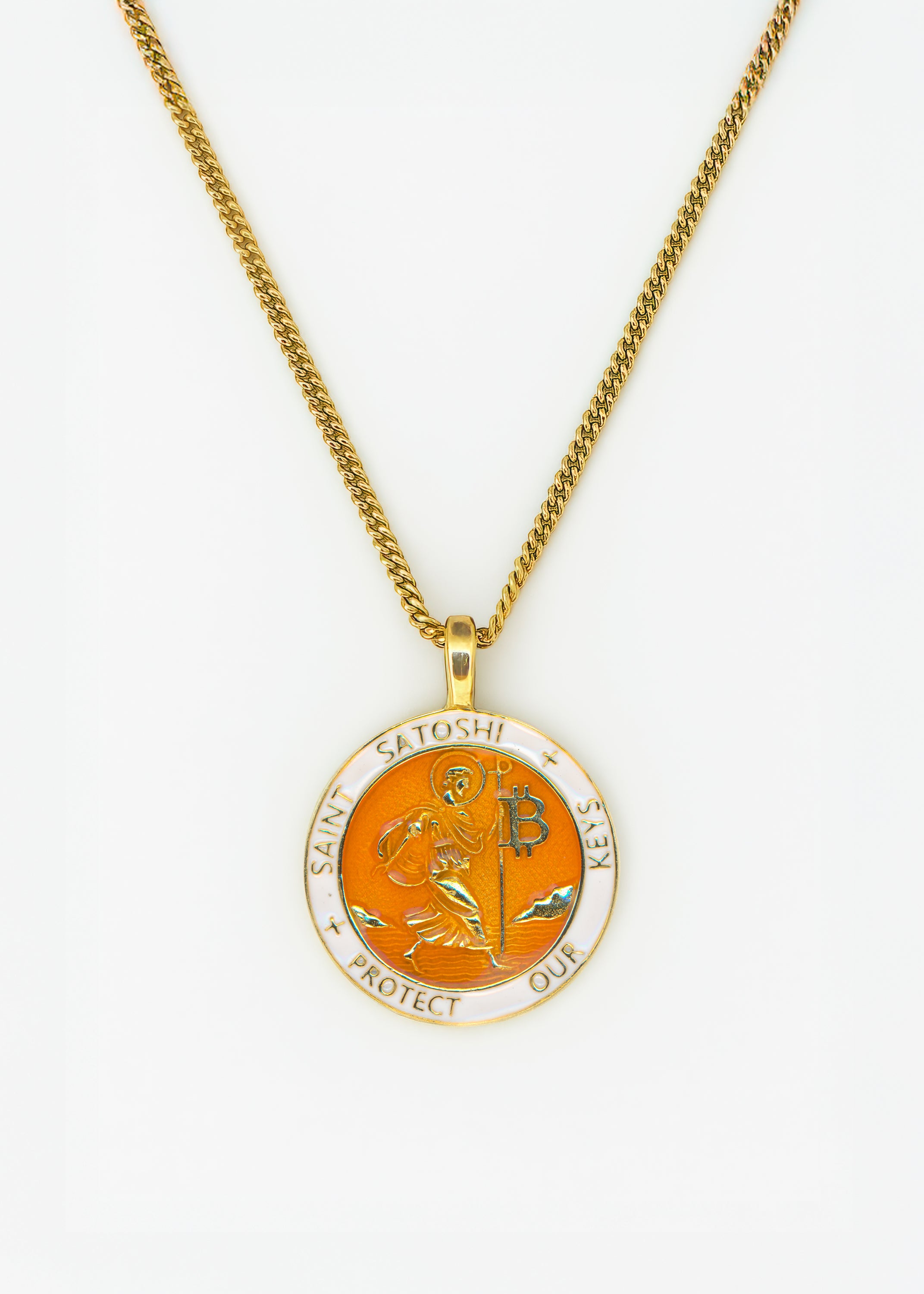 Saint Satoshi Pendant — Genesis Orange